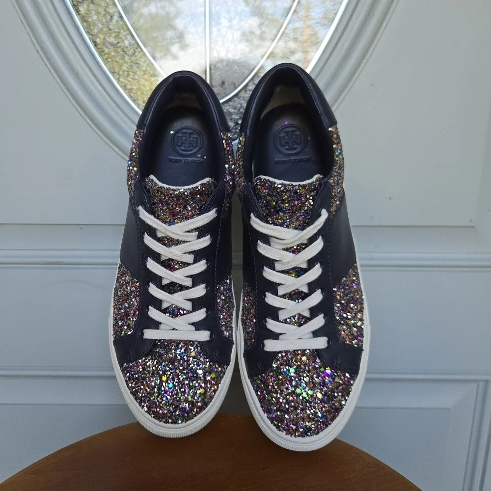 Tory Burch Carter Glitter Lace-Up Sneakers Leather